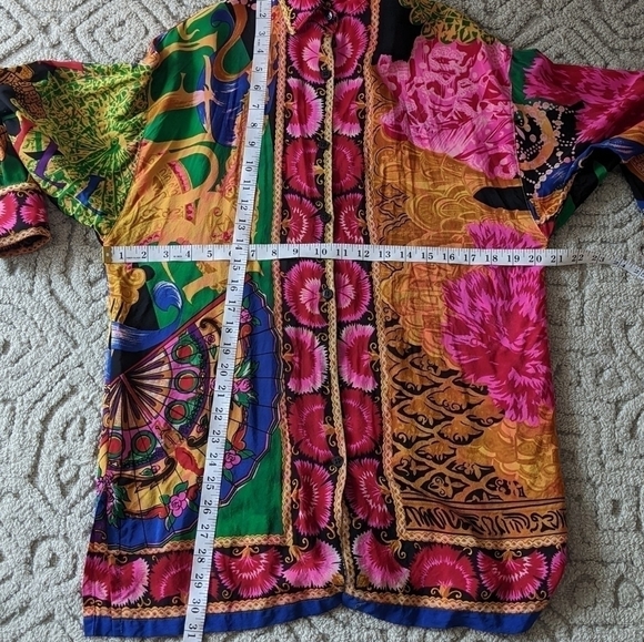 Vintage silk blend bright abstract floral print silk shirt Carmen back Large T3 - Picture 4 of 8